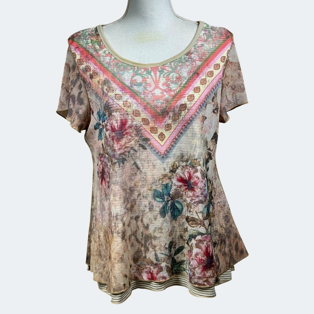 Sundance Medium Print Mesh Top Boho Mixed Media Artisan Cottagecore Eclectic